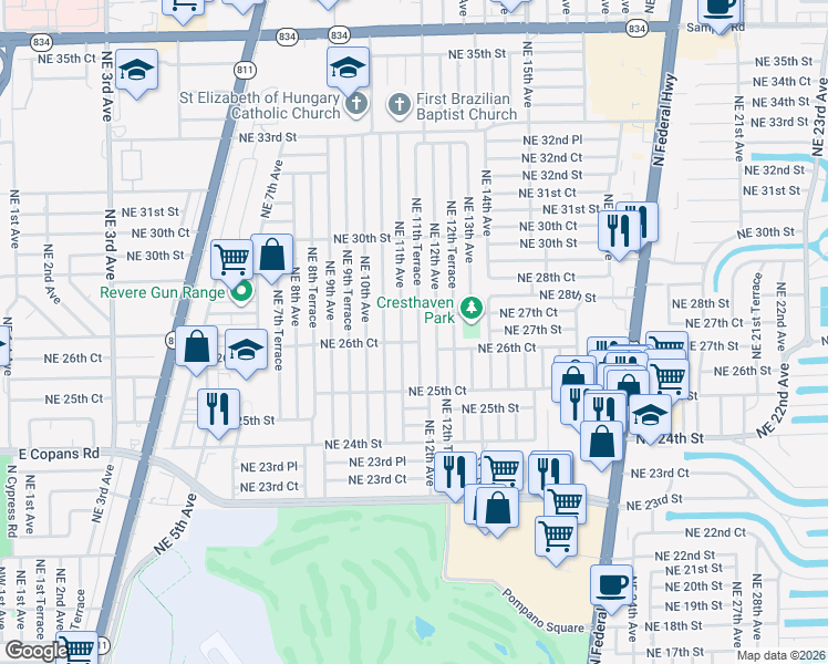 map of restaurants, bars, coffee shops, grocery stores, and more near 2721 Northeast 11th Terrace in Pompano Beach
