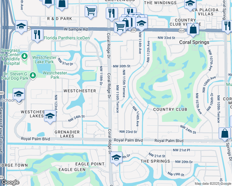 map of restaurants, bars, coffee shops, grocery stores, and more near 11611 Northwest 27th Street in Coral Springs