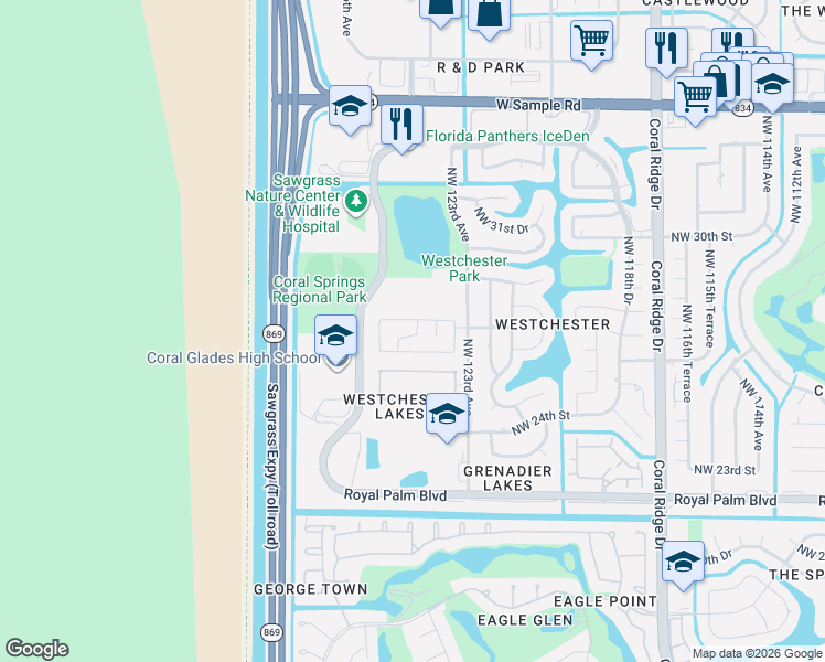 map of restaurants, bars, coffee shops, grocery stores, and more near 2670 Northwest 123rd Drive in Coral Springs