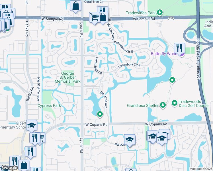 map of restaurants, bars, coffee shops, grocery stores, and more near 3000 Northwest 42nd Avenue in Coconut Creek