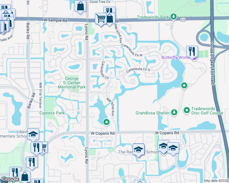 map of restaurants, bars, coffee shops, grocery stores, and more near 3000 Northwest 42nd Avenue in Coconut Creek