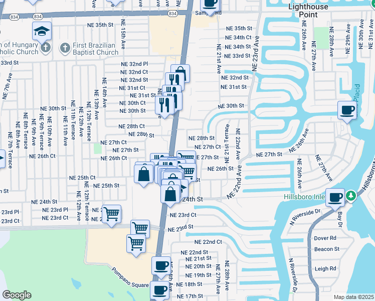 map of restaurants, bars, coffee shops, grocery stores, and more near 1920 Northeast 27th Court in Lighthouse Point