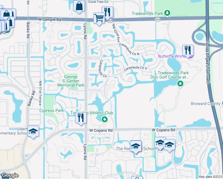 map of restaurants, bars, coffee shops, grocery stores, and more near 3000 Northwest 42nd Avenue in Coconut Creek