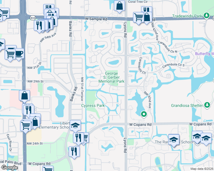 map of restaurants, bars, coffee shops, grocery stores, and more near in Coconut Creek