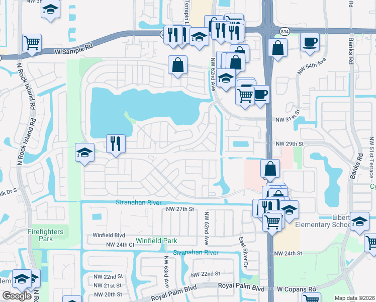 map of restaurants, bars, coffee shops, grocery stores, and more near 6289 Duval Drive in Margate