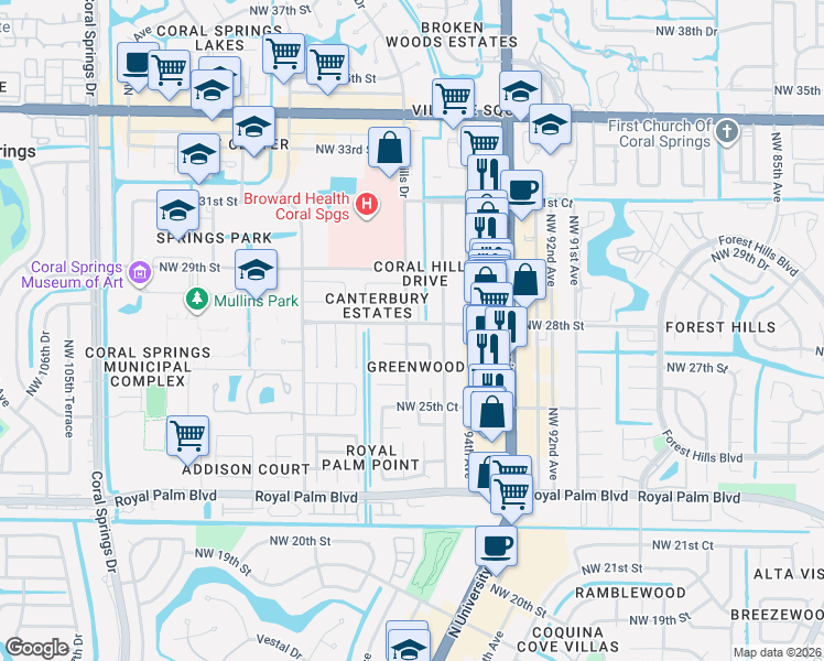 map of restaurants, bars, coffee shops, grocery stores, and more near 9616 Northwest 28th Street in Coral Springs
