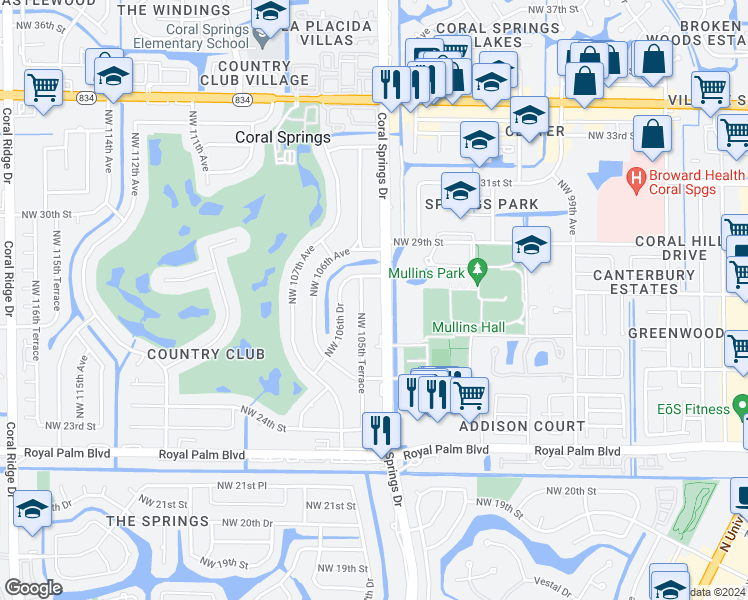 map of restaurants, bars, coffee shops, grocery stores, and more near 2872 Coral Springs Drive in Coral Springs
