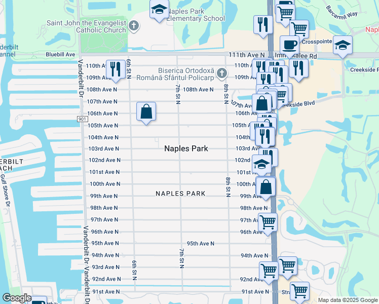 map of restaurants, bars, coffee shops, grocery stores, and more near 718 103rd Avenue North in Naples