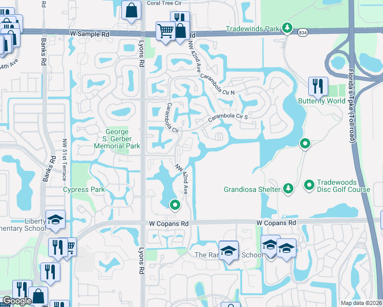 map of restaurants, bars, coffee shops, grocery stores, and more near 3000 Northwest 42nd Avenue in Coconut Creek