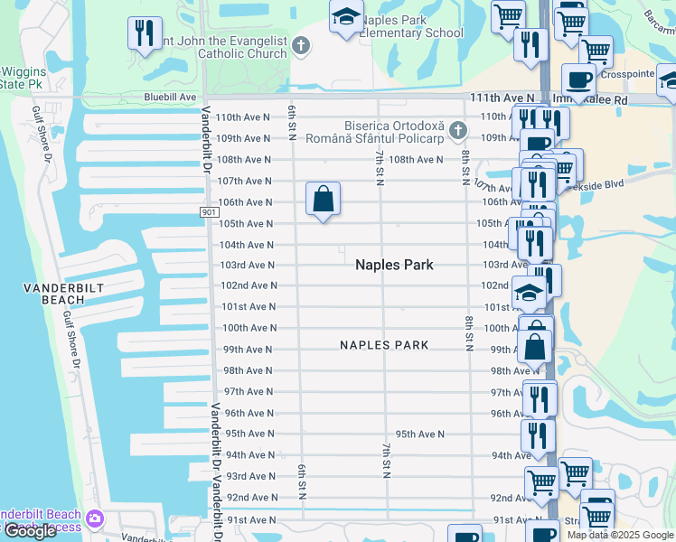 map of restaurants, bars, coffee shops, grocery stores, and more near 650 103rd Ave N in Naples