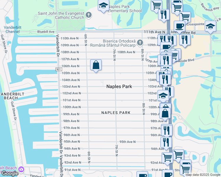 map of restaurants, bars, coffee shops, grocery stores, and more near 686 103rd Avenue North in Naples