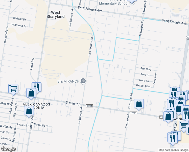 map of restaurants, bars, coffee shops, grocery stores, and more near 4600 Los Ebanos Road in Mission