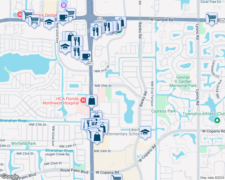map of restaurants, bars, coffee shops, grocery stores, and more near 6733 Coral Lake Drive in Margate
