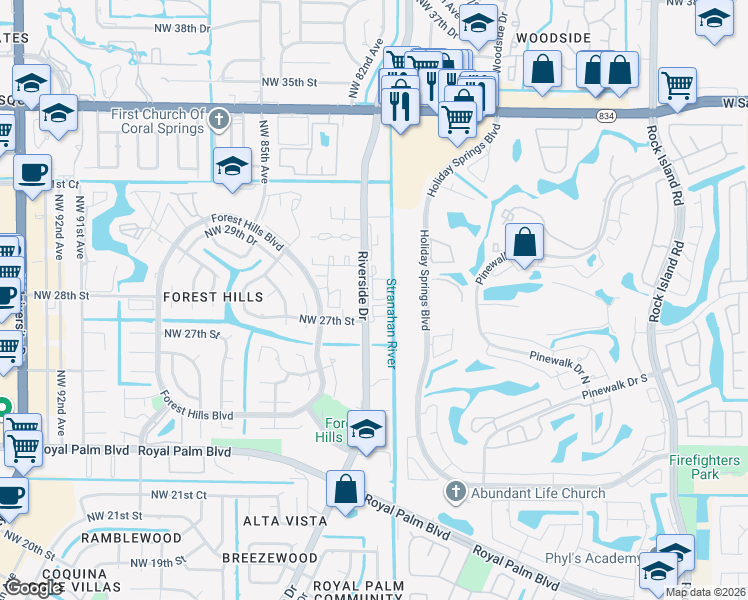 map of restaurants, bars, coffee shops, grocery stores, and more near 2801 Riverside Drive in Coral Springs