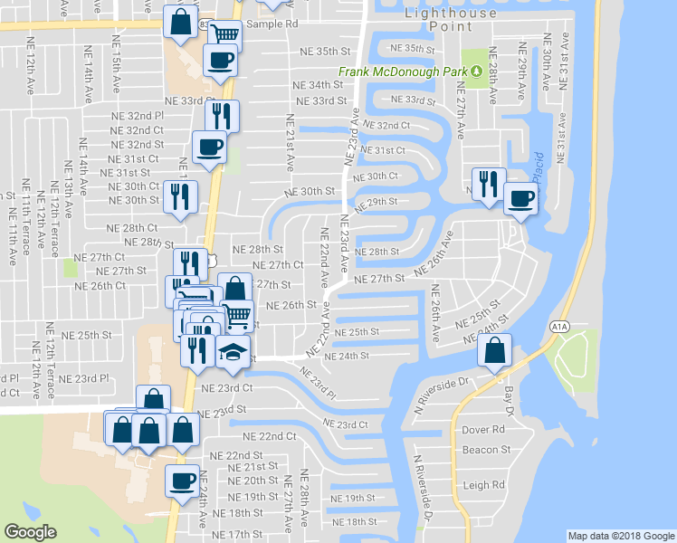 map of restaurants, bars, coffee shops, grocery stores, and more near 2717 Northeast 23rd Avenue in Lighthouse Point