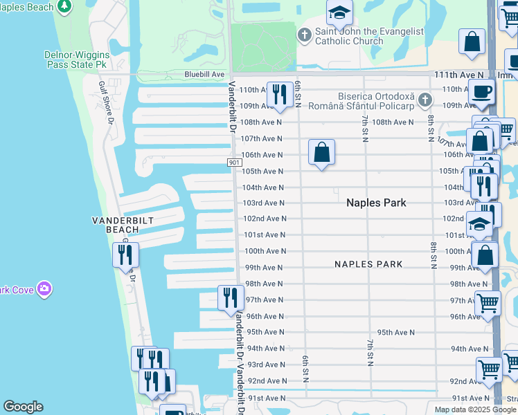 map of restaurants, bars, coffee shops, grocery stores, and more near 532 103rd Avenue North in Naples