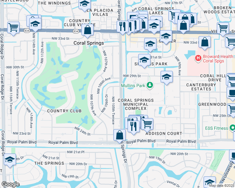 map of restaurants, bars, coffee shops, grocery stores, and more near 2872 Coral Springs Drive in Coral Springs