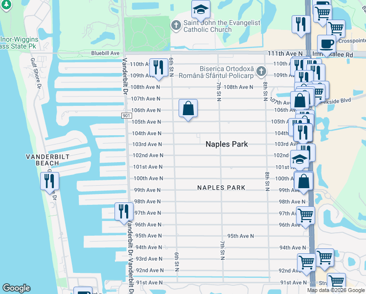 map of restaurants, bars, coffee shops, grocery stores, and more near 618 103rd Avenue North in Naples