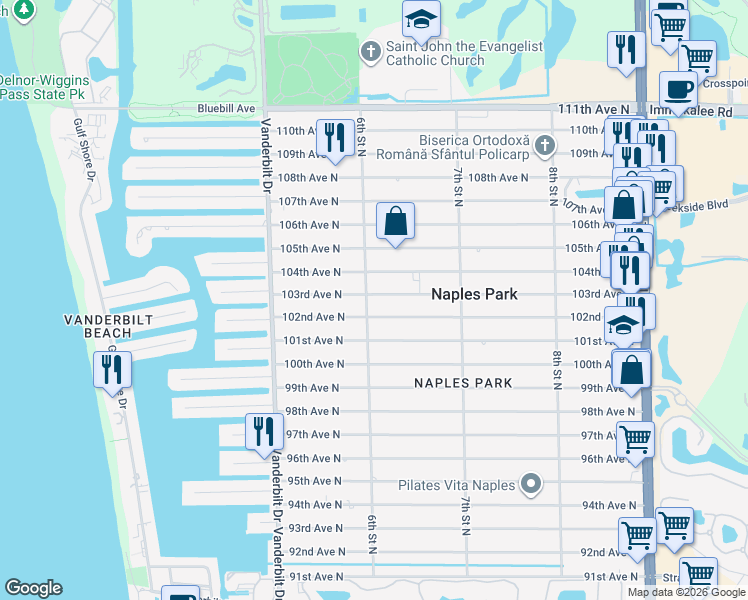 map of restaurants, bars, coffee shops, grocery stores, and more near 606 103rd Avenue North in Naples