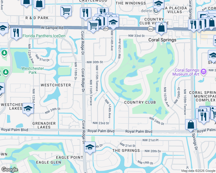 map of restaurants, bars, coffee shops, grocery stores, and more near 2761 Northwest 112th Avenue in Coral Springs