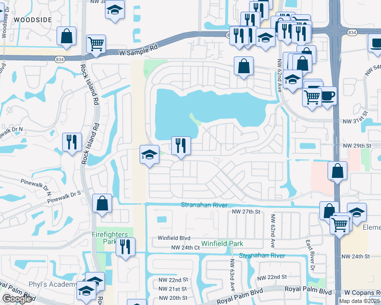 map of restaurants, bars, coffee shops, grocery stores, and more near 6620 Fern Street in Margate