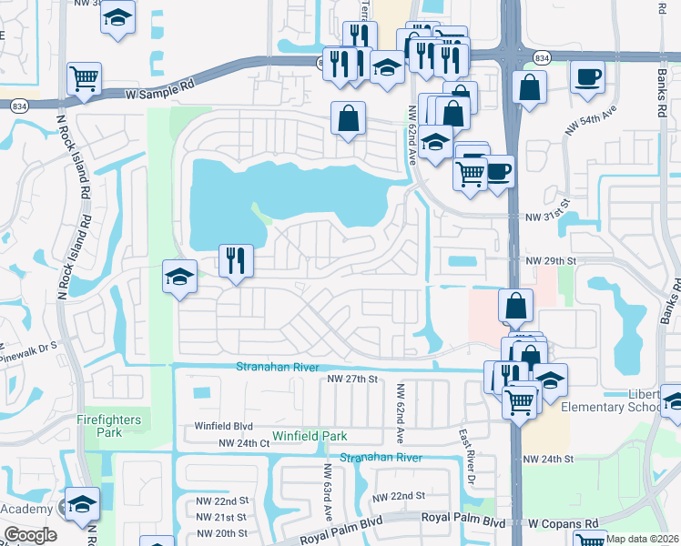 map of restaurants, bars, coffee shops, grocery stores, and more near 6363 Seagrape Circle in Margate
