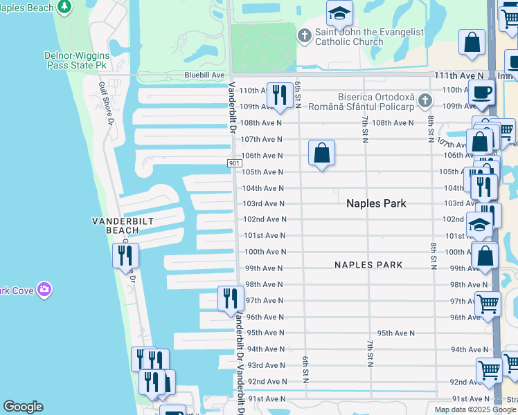 map of restaurants, bars, coffee shops, grocery stores, and more near 532 103rd Avenue North in Naples