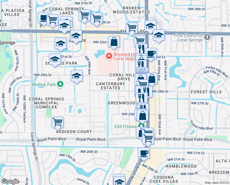 map of restaurants, bars, coffee shops, grocery stores, and more near 9616 Northwest 28th Street in Coral Springs