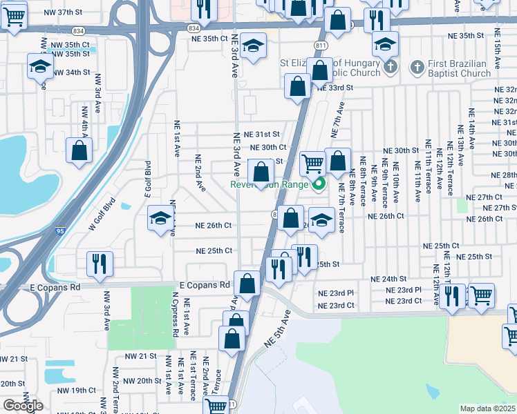 map of restaurants, bars, coffee shops, grocery stores, and more near 351 Northeast 27th Street in Pompano Beach