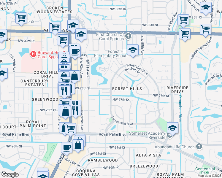 map of restaurants, bars, coffee shops, grocery stores, and more near 2750 Northwest 88th Terrace in Coral Springs