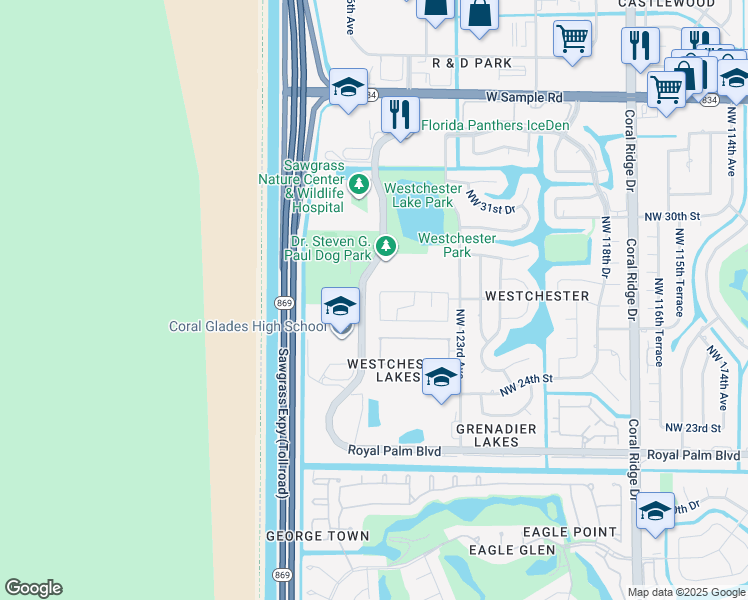 map of restaurants, bars, coffee shops, grocery stores, and more near 2700 Northwest 124th Avenue in Coral Springs