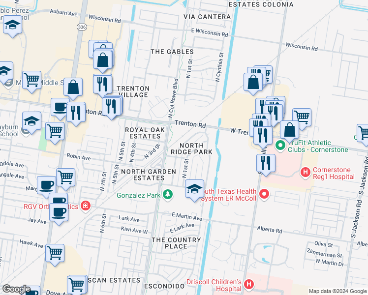 map of restaurants, bars, coffee shops, grocery stores, and more near 7014 North 1st Lane in McAllen