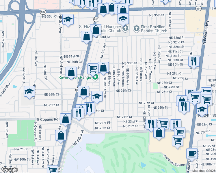 map of restaurants, bars, coffee shops, grocery stores, and more near 2720 Northeast 8th Avenue in Pompano Beach