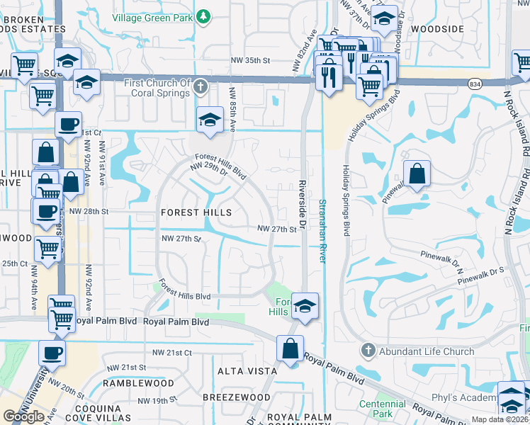 map of restaurants, bars, coffee shops, grocery stores, and more near 2740 Northwest 83rd Terrace in Coral Springs
