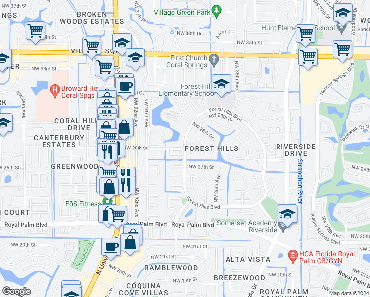 map of restaurants, bars, coffee shops, grocery stores, and more near 2750 Northwest 88th Terrace in Coral Springs