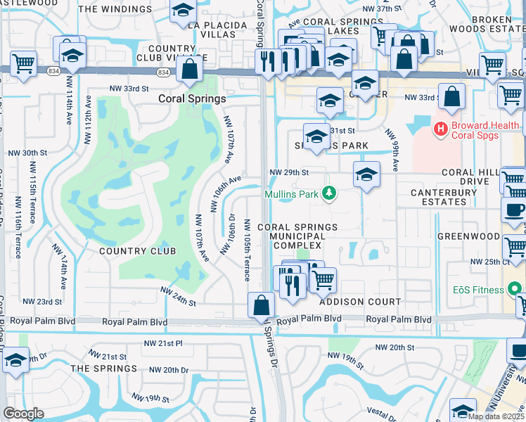 map of restaurants, bars, coffee shops, grocery stores, and more near 2872 Coral Springs Drive in Coral Springs