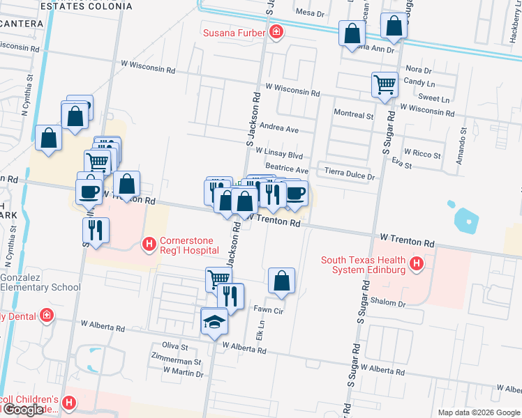 map of restaurants, bars, coffee shops, grocery stores, and more near 5203 East Trenton Road in Edinburg