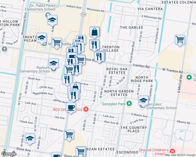 map of restaurants, bars, coffee shops, grocery stores, and more near 7108 North 7th Street in McAllen