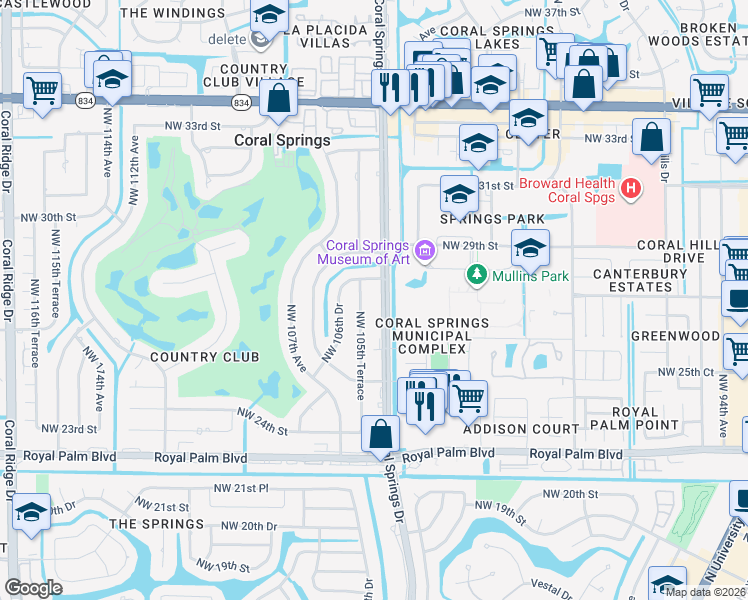map of restaurants, bars, coffee shops, grocery stores, and more near 2872 Coral Springs Drive in Coral Springs
