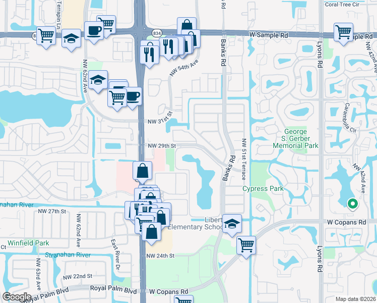 map of restaurants, bars, coffee shops, grocery stores, and more near 5603 Coral Lake Drive in Margate