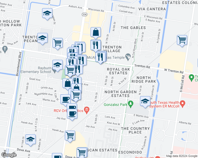 map of restaurants, bars, coffee shops, grocery stores, and more near 7108 North 7th Street in McAllen