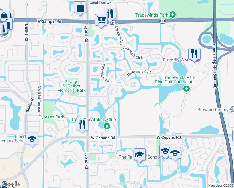 map of restaurants, bars, coffee shops, grocery stores, and more near 3000 Northwest 42nd Avenue in Coconut Creek