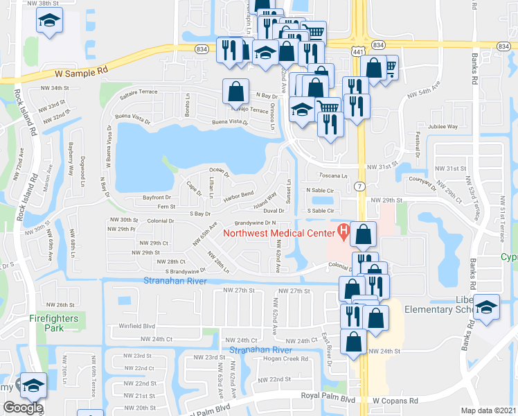 map of restaurants, bars, coffee shops, grocery stores, and more near 6289 Duval Drive in Margate
