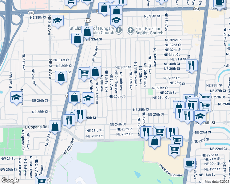 map of restaurants, bars, coffee shops, grocery stores, and more near 2721 Northeast 9th Terrace in Pompano Beach