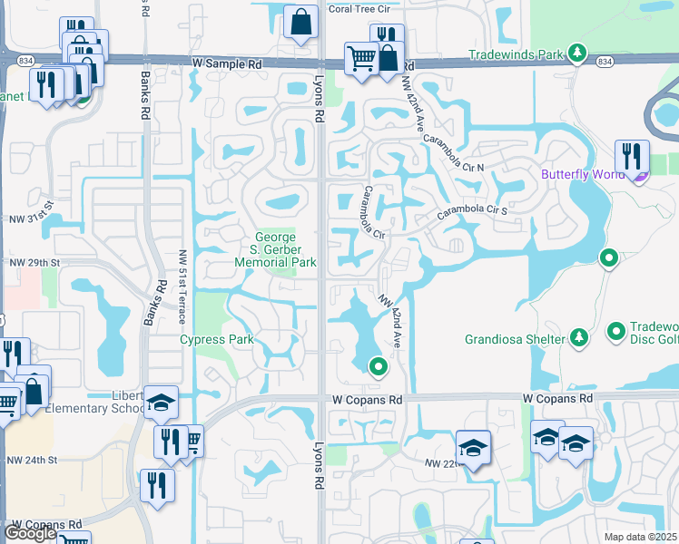 map of restaurants, bars, coffee shops, grocery stores, and more near 3185 Carambola Circle South in Coconut Creek