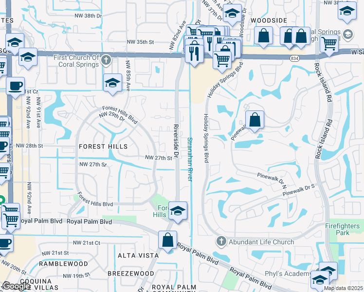 map of restaurants, bars, coffee shops, grocery stores, and more near 2801 Riverside Drive in Coral Springs