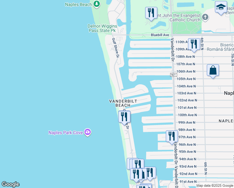 map of restaurants, bars, coffee shops, grocery stores, and more near 10341 Gulf Shore Drive in Naples