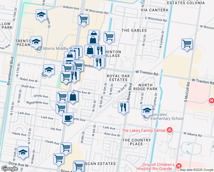 map of restaurants, bars, coffee shops, grocery stores, and more near 7032 N 5th St in McAllen