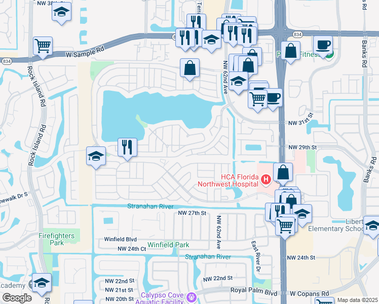 map of restaurants, bars, coffee shops, grocery stores, and more near 6345 Seagrape Circle in Margate