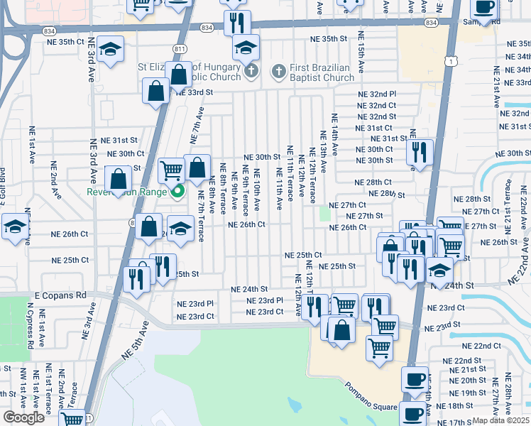 map of restaurants, bars, coffee shops, grocery stores, and more near 2721 Northeast 10th Terrace in Pompano Beach